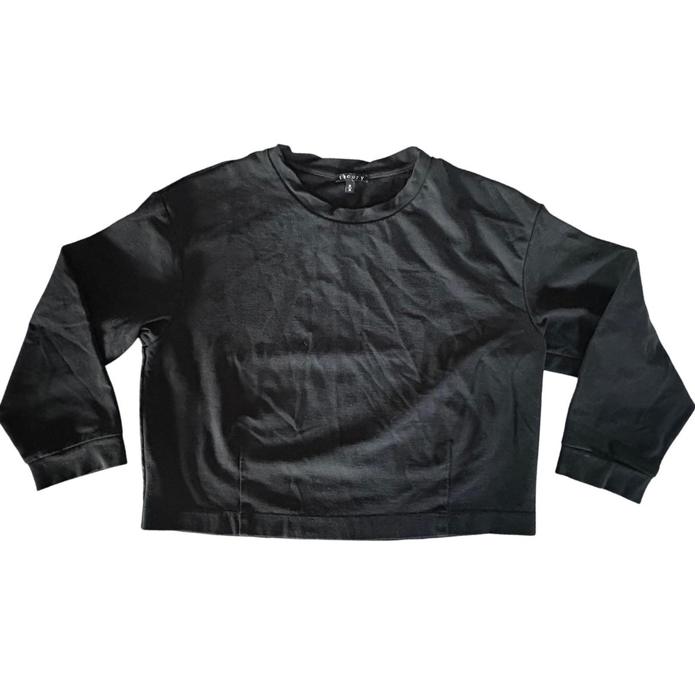 $250 THEORY Black Long Sleeve Cropped Crew Neck‎ Top Stretch Women's Size MEDIUM